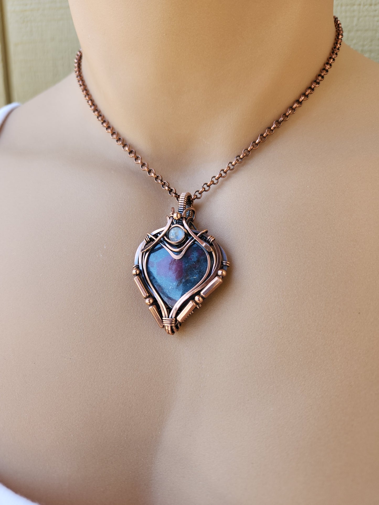 Ruby in Blue Kyanite & Rainbow Moonstone Heart Talisman