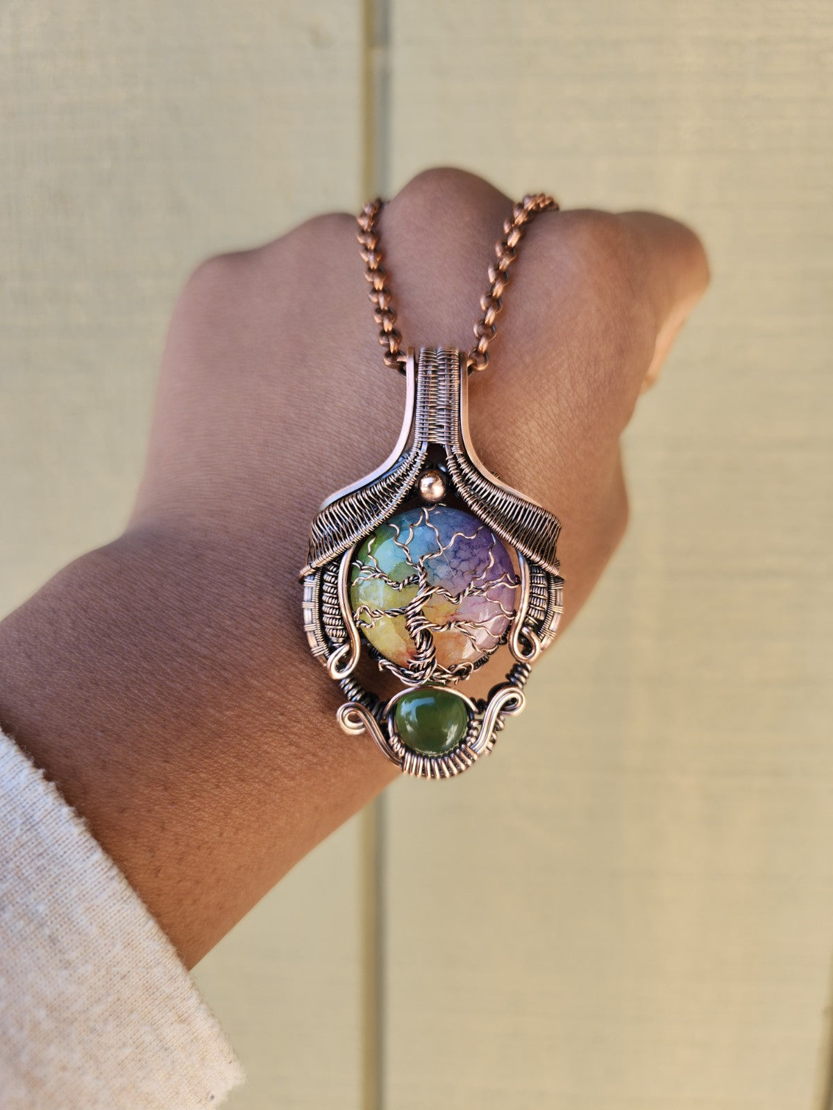 Rainbow Solar Quartz & Serpentine Regal Tree of Life Pendant