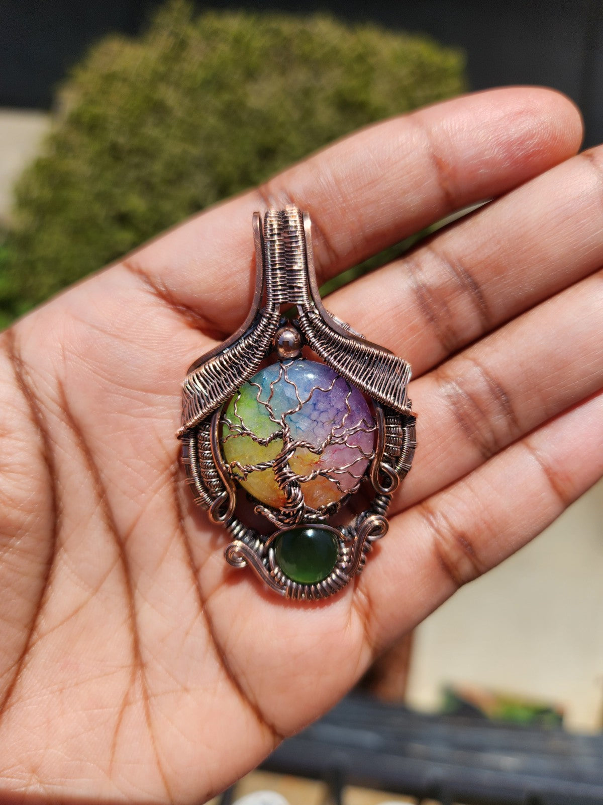 Rainbow Solar Quartz & Serpentine Regal Tree of Life Pendant
