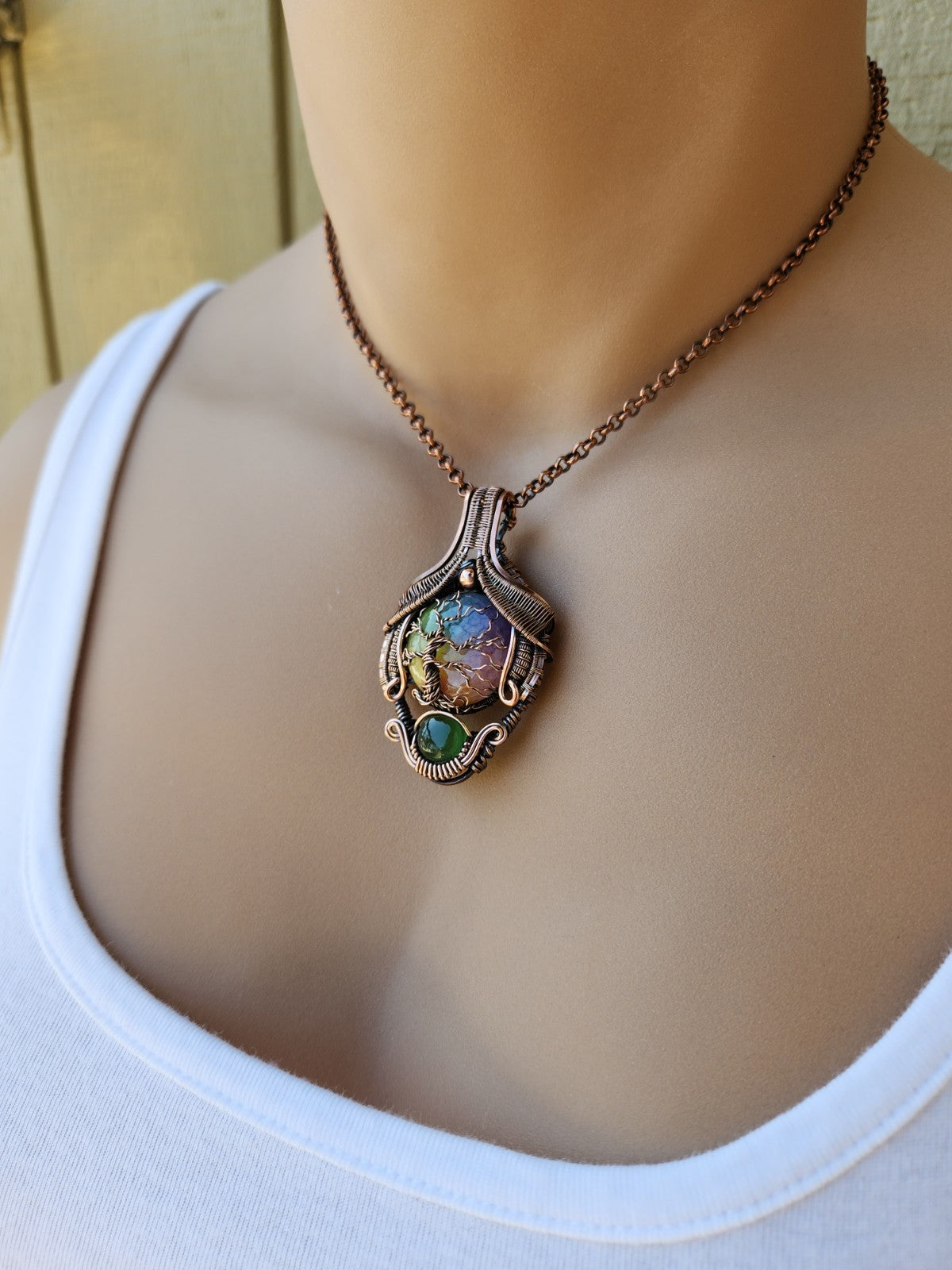 Rainbow Solar Quartz & Serpentine Regal Tree of Life Pendant