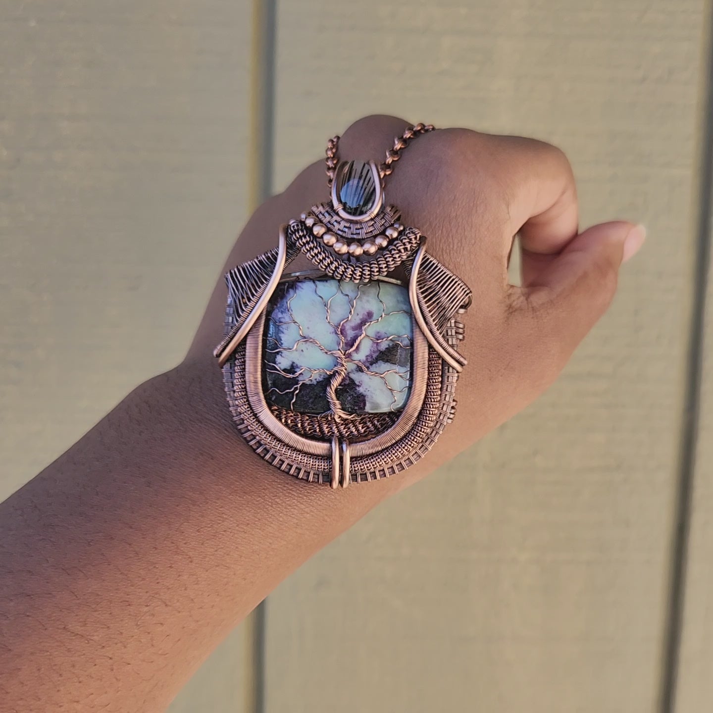 Load and play video in Gallery viewer, Kammererite & Black Tourmaline in Quartz Tree of Life Pendant