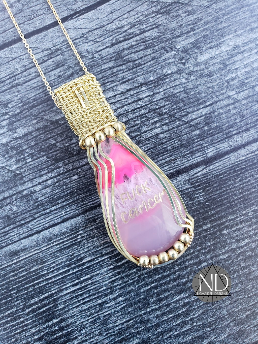 Brass Fuck Cancer Engraved Pink Dyed Agate Pendant