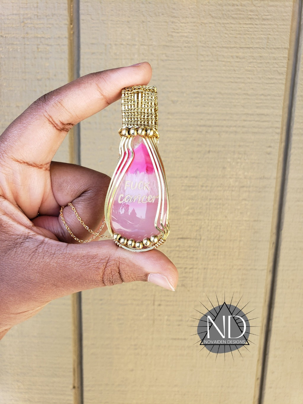 Brass Fuck Cancer Engraved Pink Dyed Agate Pendant