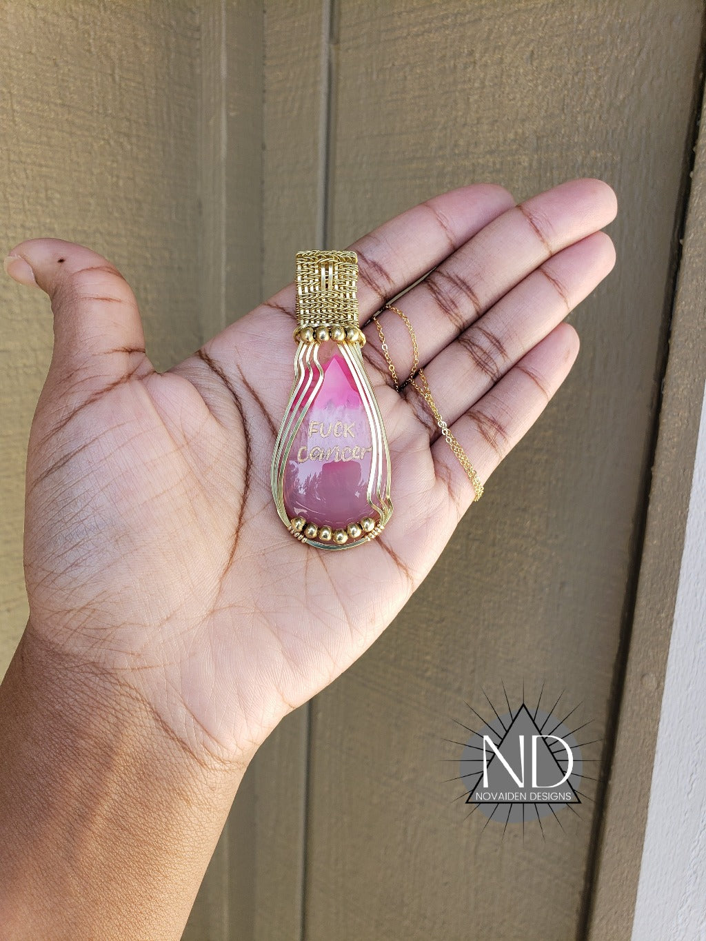 Brass Fuck Cancer Engraved Pink Dyed Agate Pendant