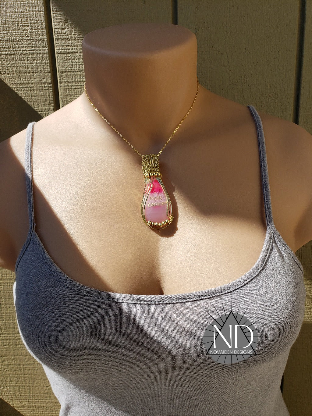 Brass Fuck Cancer Engraved Pink Dyed Agate Pendant