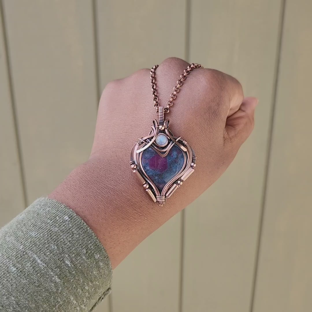 Load and play video in Gallery viewer, Ruby in Blue Kyanite & Rainbow Moonstone Heart Talisman