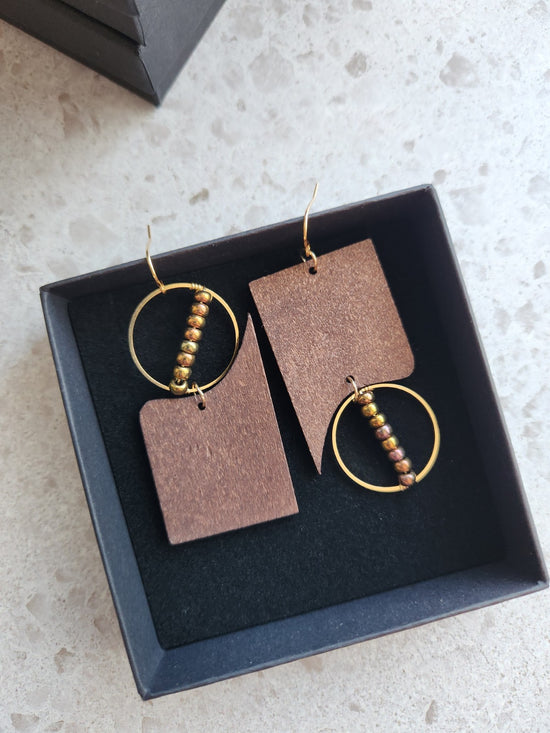 Beaded Wood & Brass Earrings