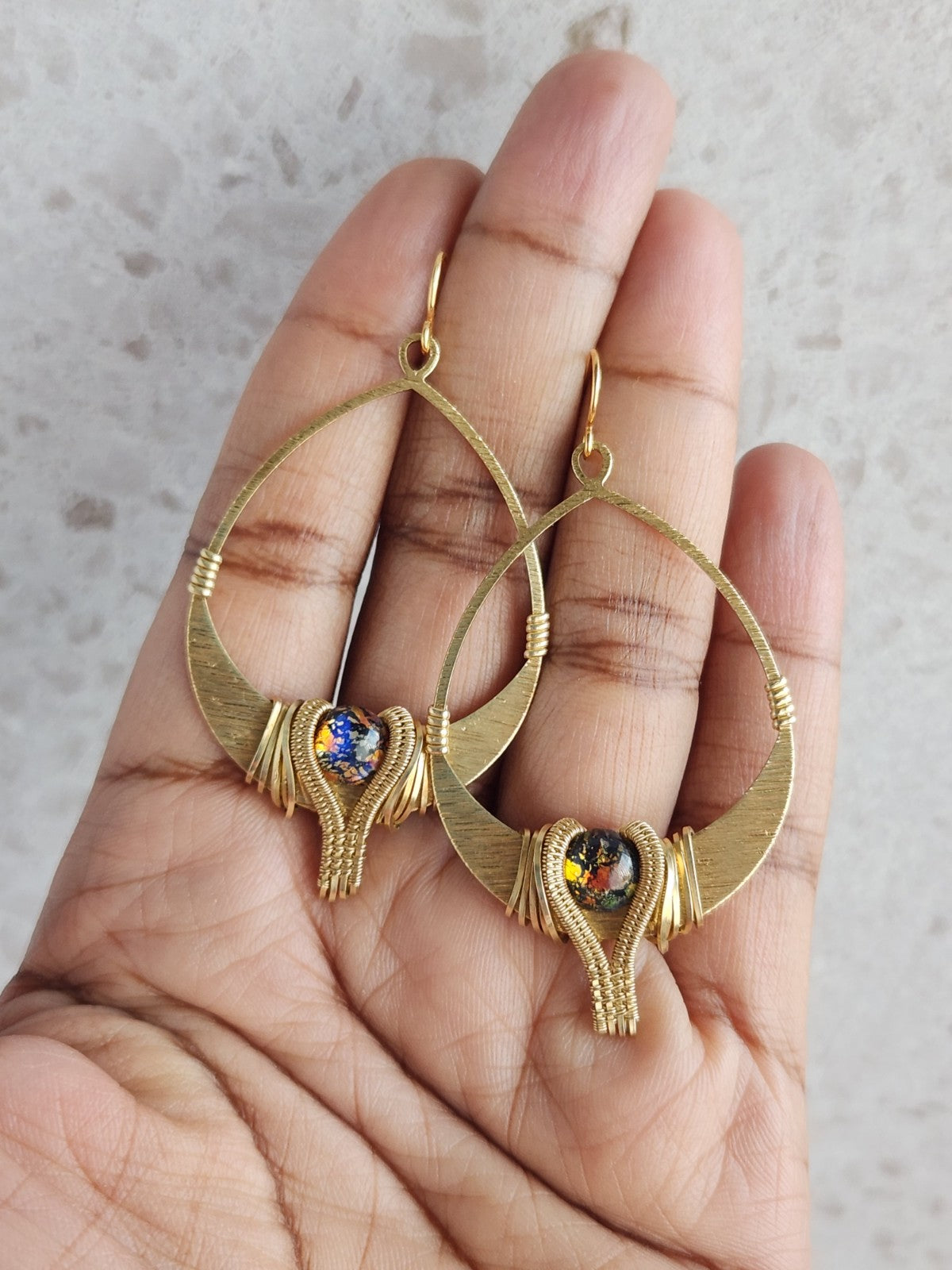 Textured Brass & Vintage Glass Earrings
