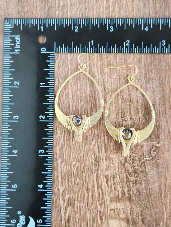 Load image into Gallery viewer, Textured Brass &amp;amp; Vintage Glass Earrings
