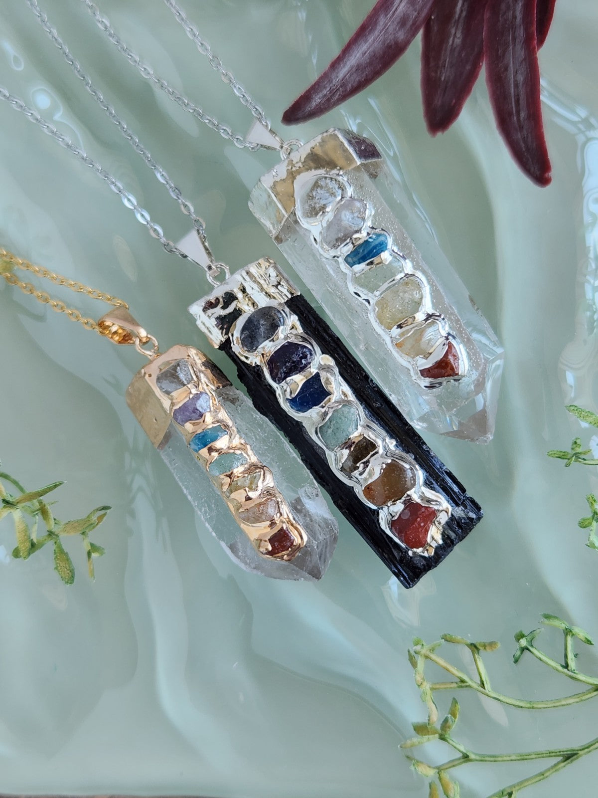 Quartz & Black Tourmaline Chakra Necklaces