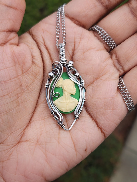 Black Beauty Green Cameo Necklace