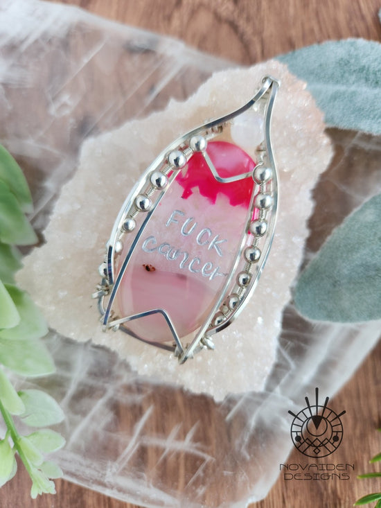Sterling Silver Fuck Cancer Engraved Pink Dyed Agate Pendant