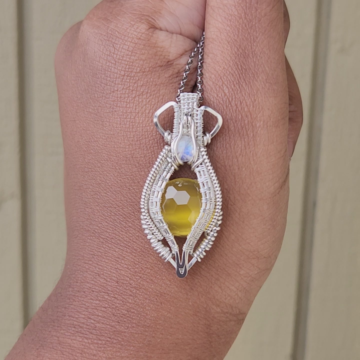 Load and play video in Gallery viewer, Yellow Chalcedony &amp;amp; Rainbow Moonstone Pendant
