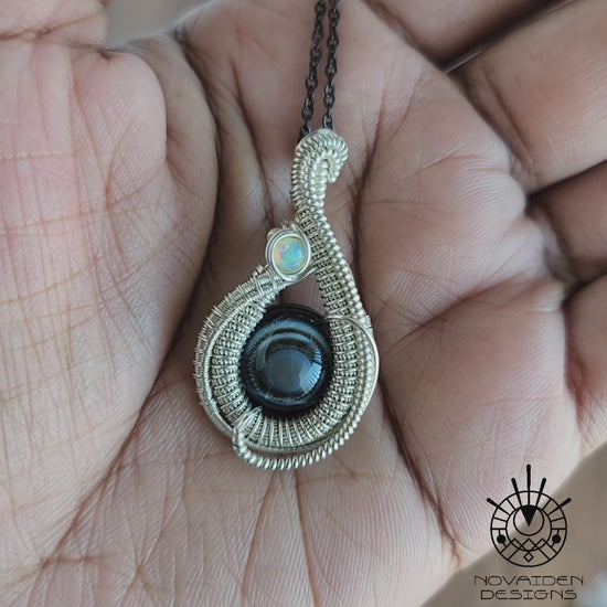 Load and play video in Gallery viewer, Black Agate Eye &amp;amp; Opal Pendant
