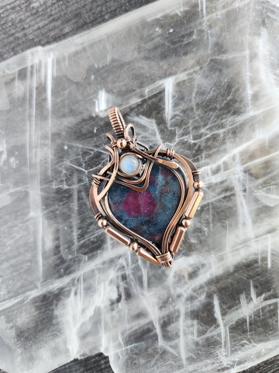 Ruby in Blue Kyanite & Rainbow Moonstone Heart Talisman
