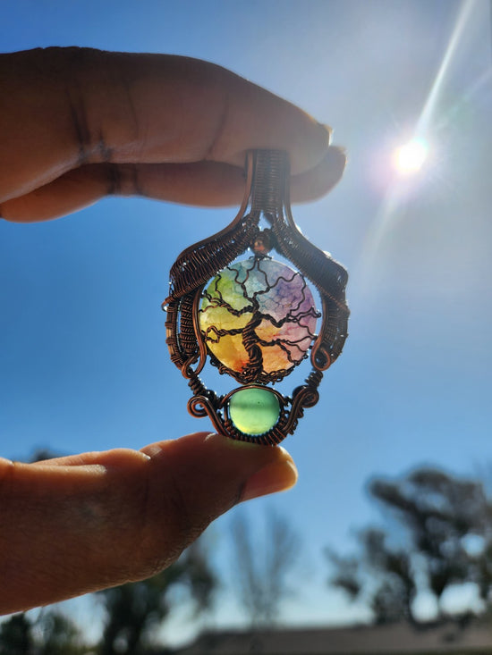 Rainbow Solar Quartz & Serpentine Regal Tree of Life Pendant