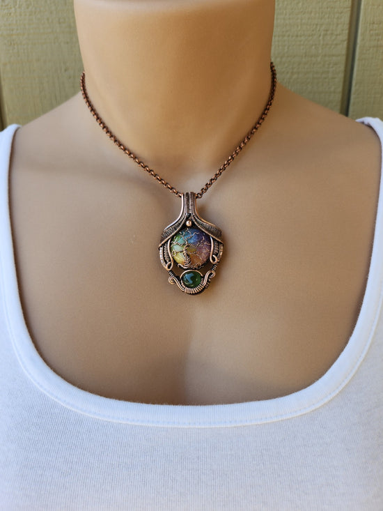 Rainbow Solar Quartz & Serpentine Regal Tree of Life Pendant