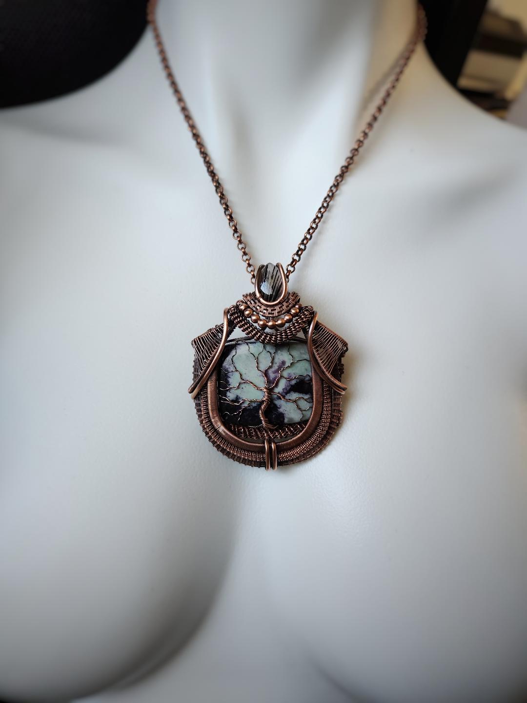 Kammererite & Black Tourmaline in Quartz Tree of Life Pendant