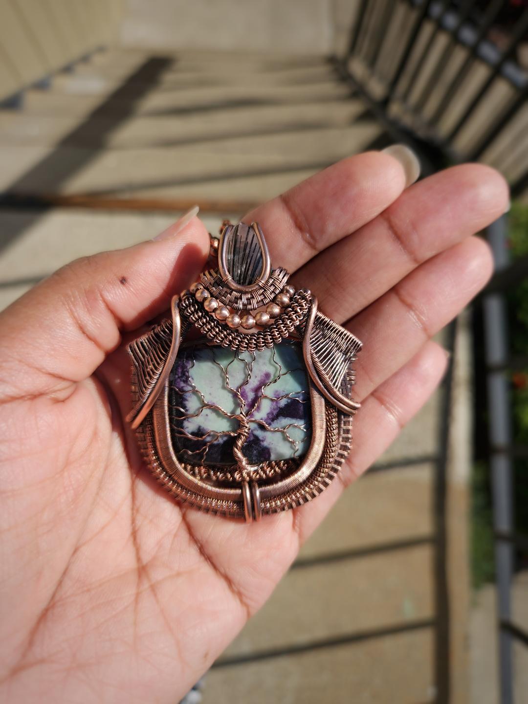 Kammererite & Black Tourmaline in Quartz Tree of Life Pendant