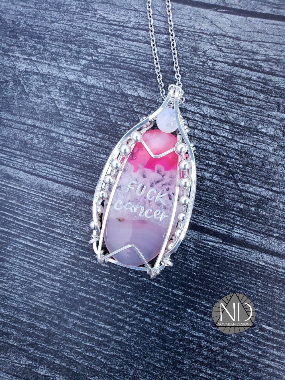 Sterling Silver Fuck Cancer Engraved Pink Dyed Agate Pendant