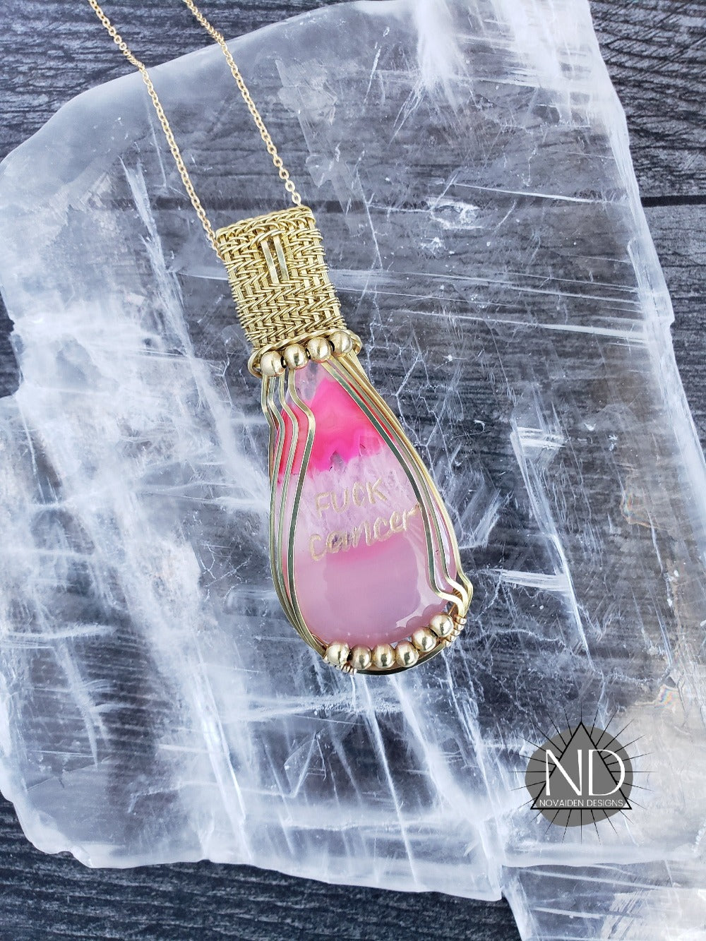 Load image into Gallery viewer, Brass Fuck Cancer Engraved Pink Dyed Agate Pendant
