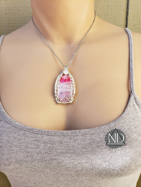 Sterling Silver Fuck Cancer Engraved Pink Dyed Agate Pendant