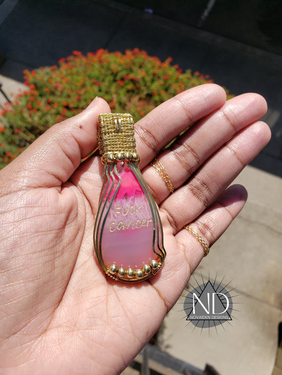 Brass Fuck Cancer Engraved Pink Dyed Agate Pendant